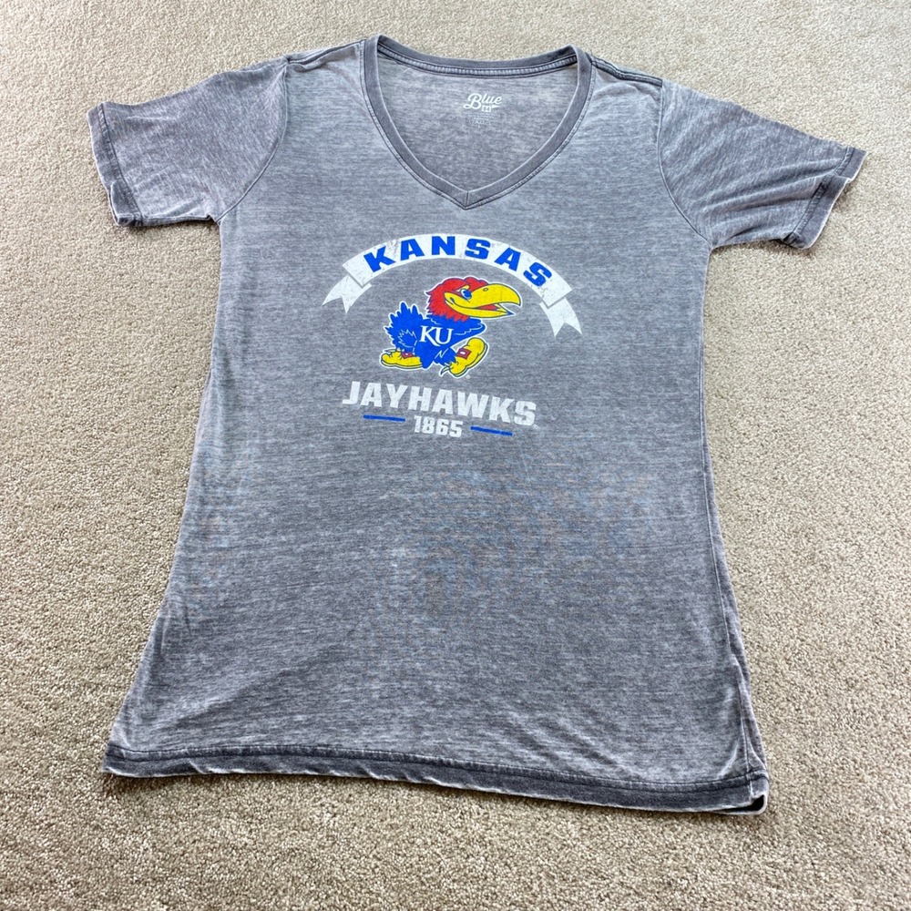 Blue 84 Shirt‎ Womens Large Grey Kansas Jayhawks KU NCAA V-Neck Burnout Tee